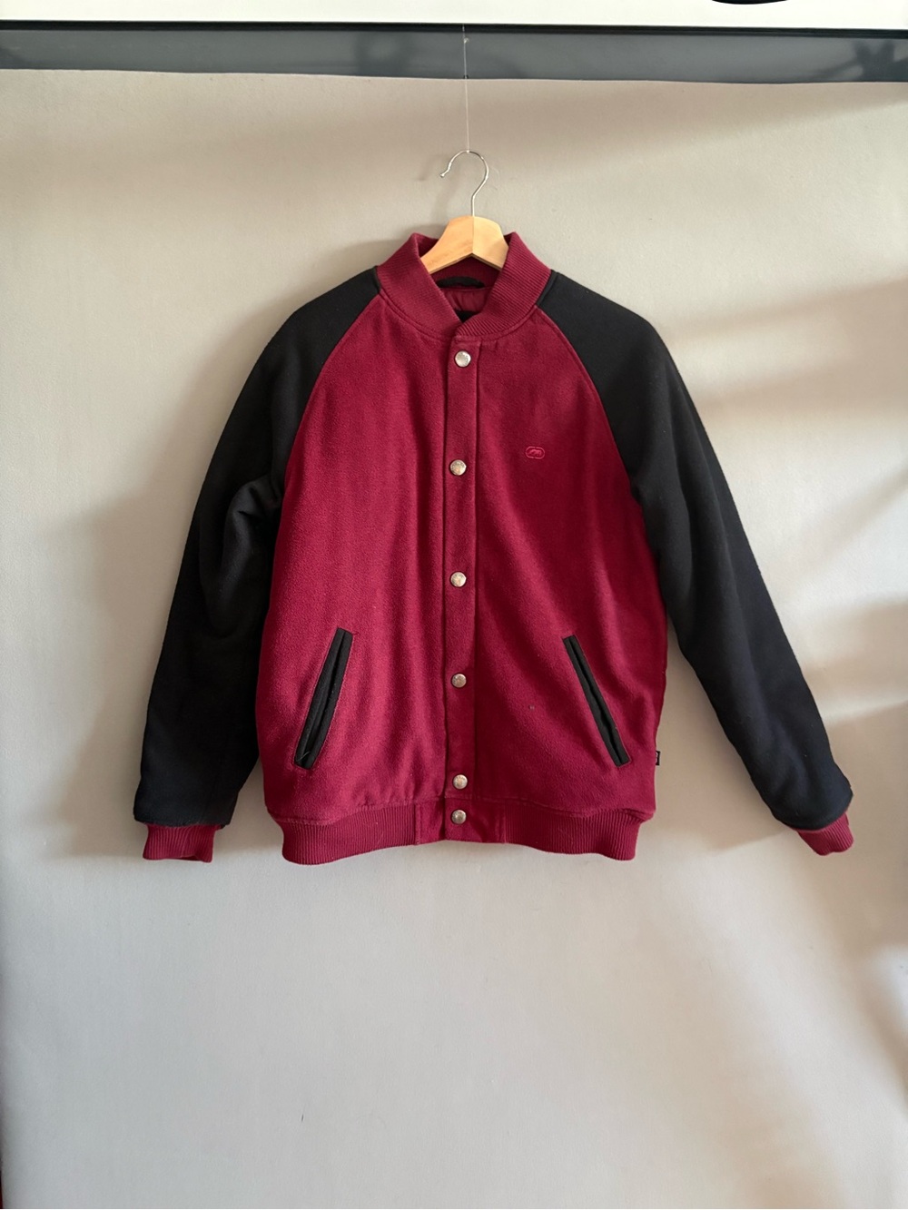 VTG Ecko UNLTD Red Wool Blend Varsity Bomber Jacket Size Medium Burgundy Quilted